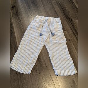 C.C California.White Linen Capris Pants with Blue Stripes. . Rope Tie At Front.